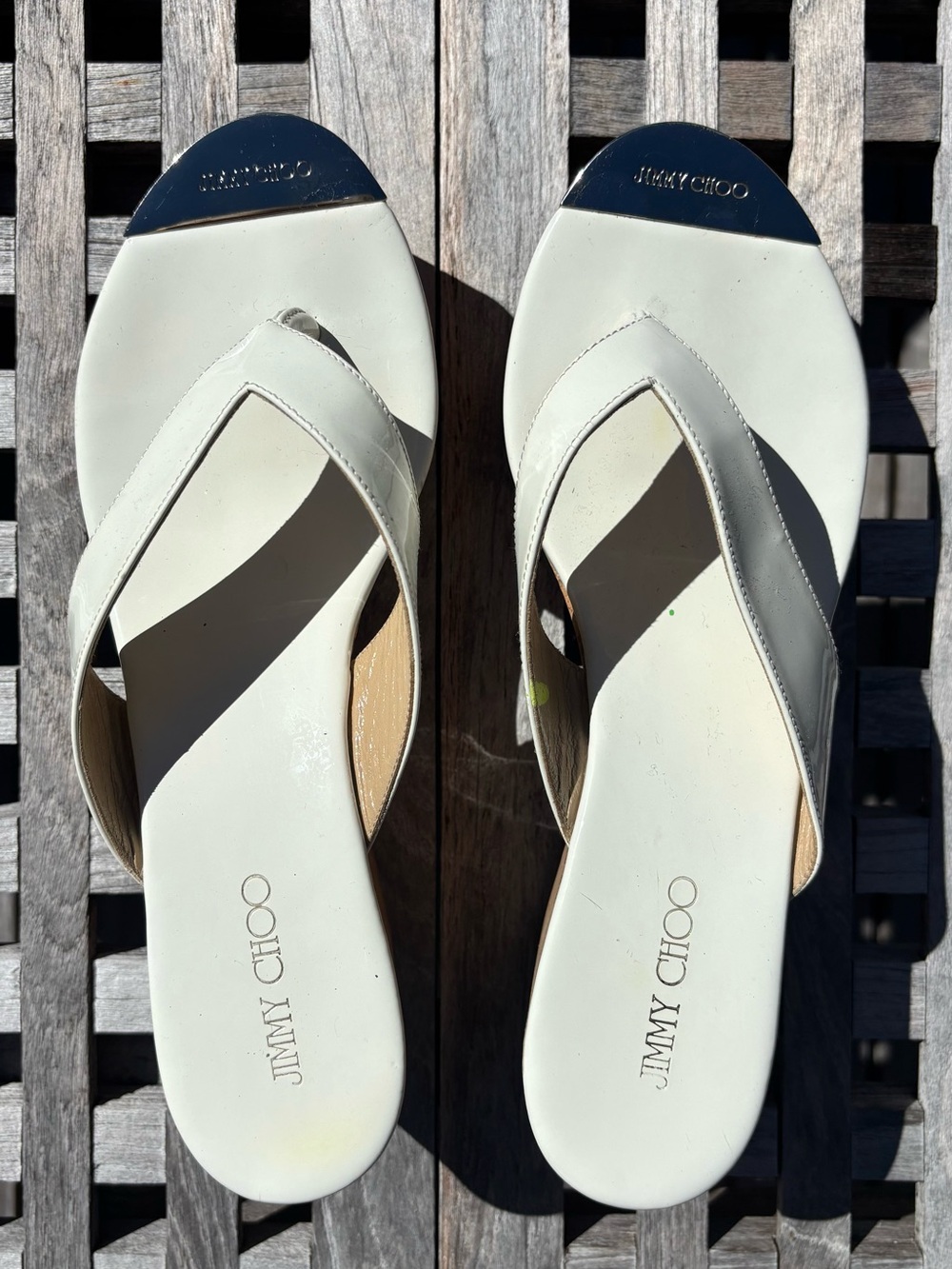 Jimmy Choo White Leather Thong Sandals with Silver Toe Caps.  Size 38